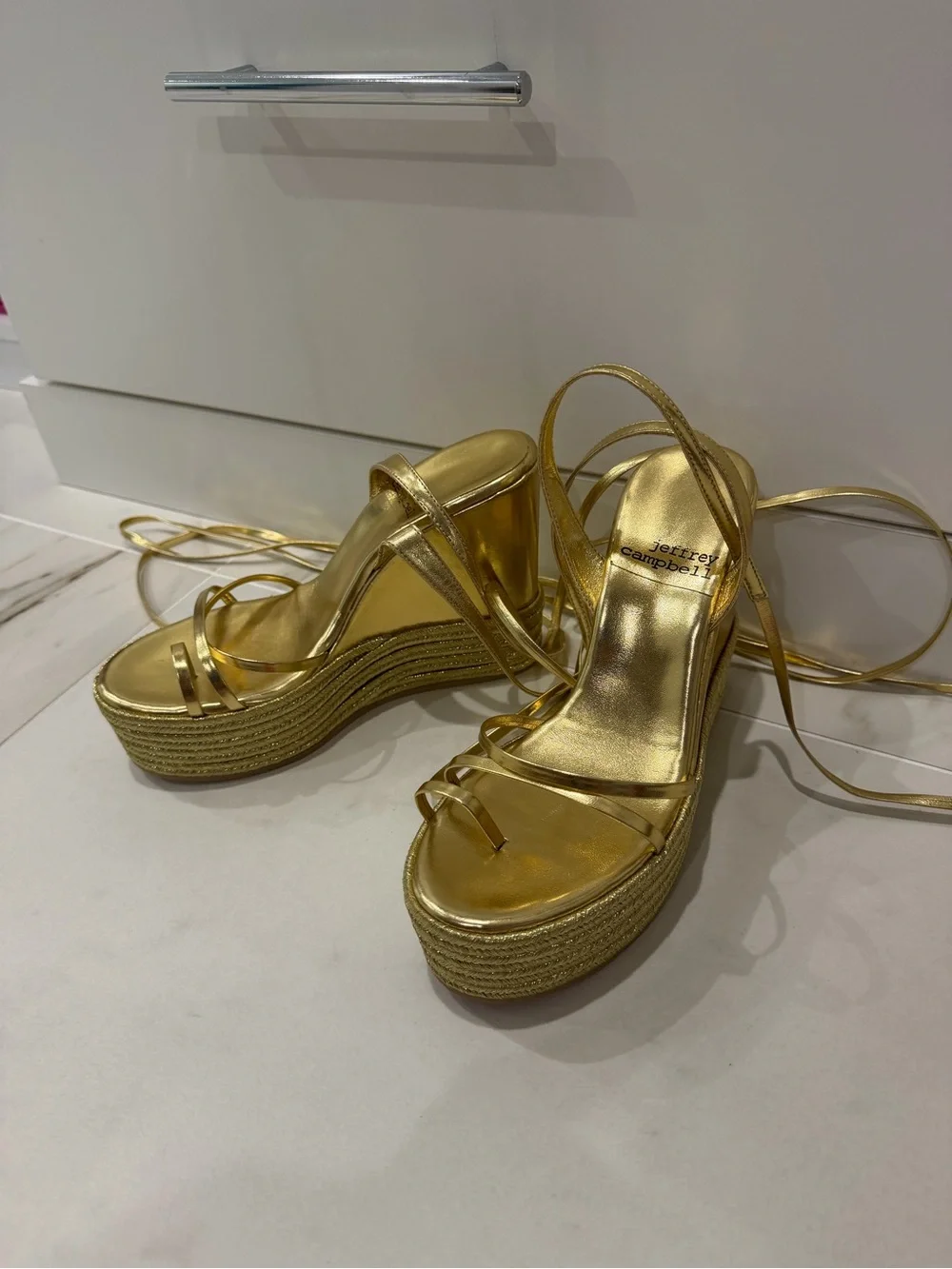 Jeffrey Campbell Metallic Gold Platform Lace-Up Wedge Sandals